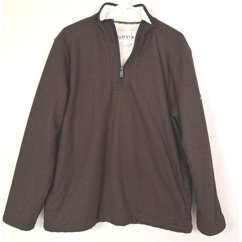 Orvis Mens Brown Sherpa Lined Quarter Zip Textured Pullover Sweater Jacket